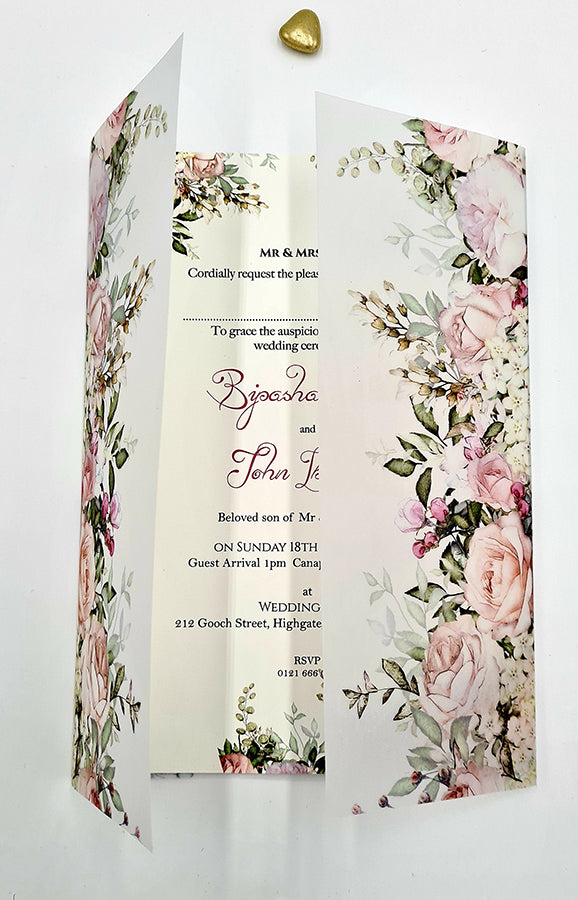 Lovely Peach, green and pink floral Translucent Vellum Invitation ABC 1081