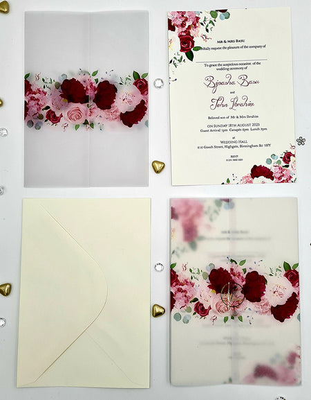 Burgundy and pink flowers Translucent Vellum Invitation ABC 1082