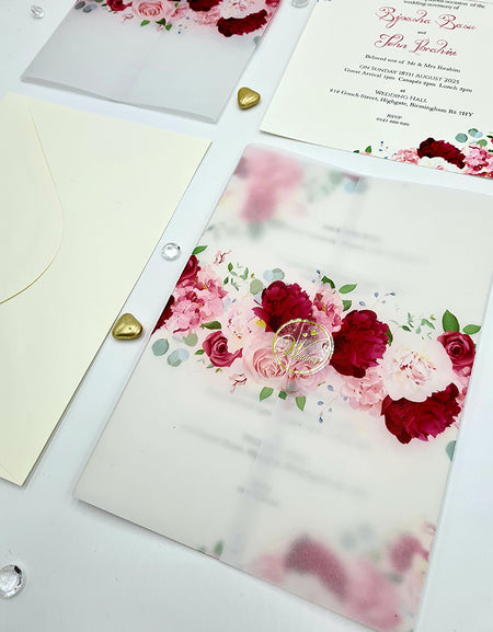 Burgundy and pink flowers Translucent Vellum Invitation ABC 1082