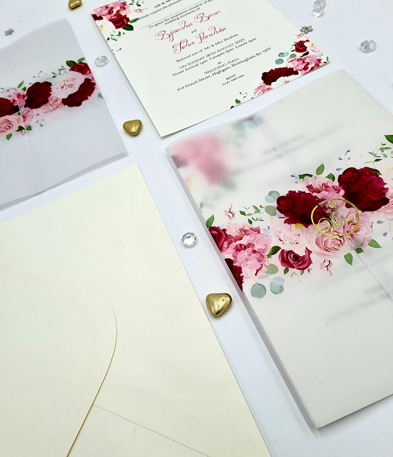 Burgundy and pink flowers Translucent Vellum Invitation ABC 1082