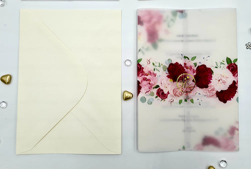 Load image into Gallery viewer, Burgundy and pink flowers Translucent Vellum Invitation ABC 1082
