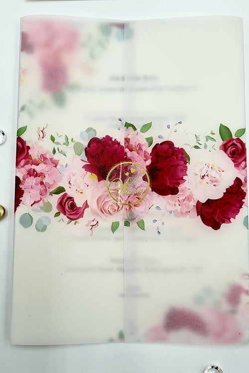 Load image into Gallery viewer, Burgundy and pink flowers Translucent Vellum Invitation ABC 1082
