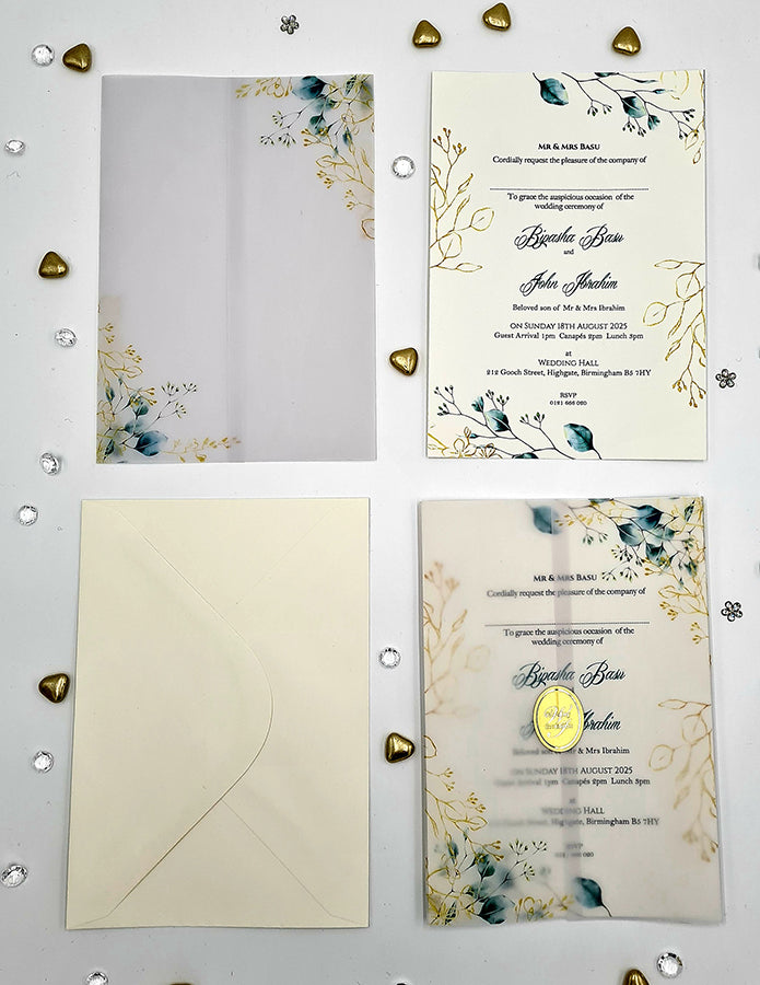 Botanical Greenery floral vellum wedding invitations ABC 1083