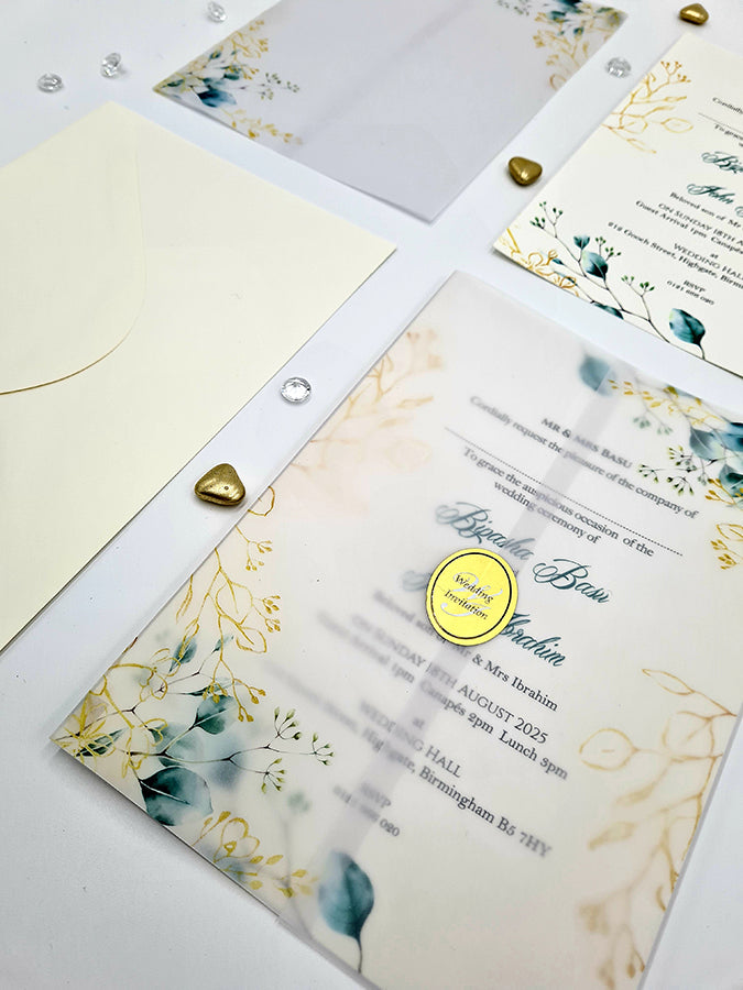 Botanical Greenery floral vellum wedding invitations ABC 1083