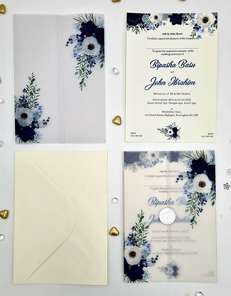 Blue and Grey Flowers Translucent Vellum Invitation ABC 1085