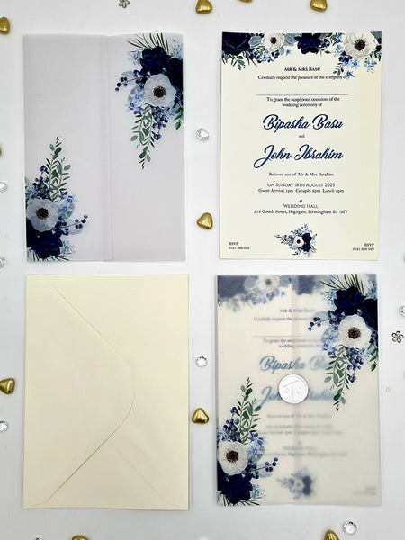 Blue and Grey Flowers Translucent Vellum Invitation ABC 1085