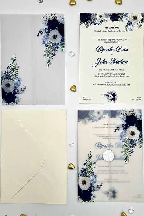 Load image into Gallery viewer, Blue and Grey Flowers Translucent Vellum Invitation ABC 1085
