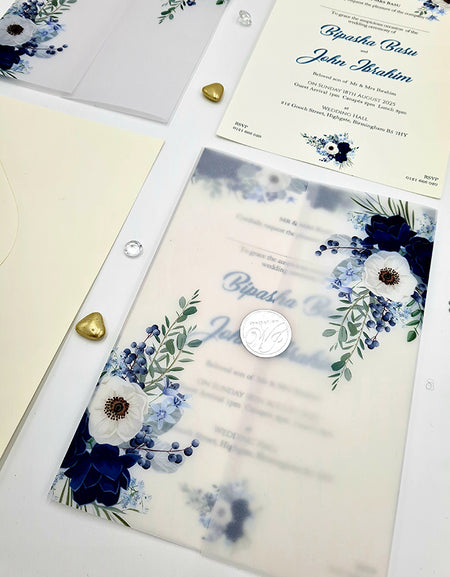 Blue and Grey Flowers Translucent Vellum Invitation ABC 1085