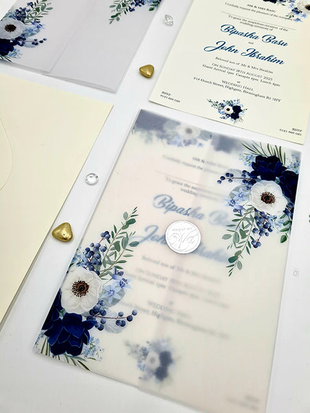 Blue and Grey Flowers Translucent Vellum Invitation ABC 1085