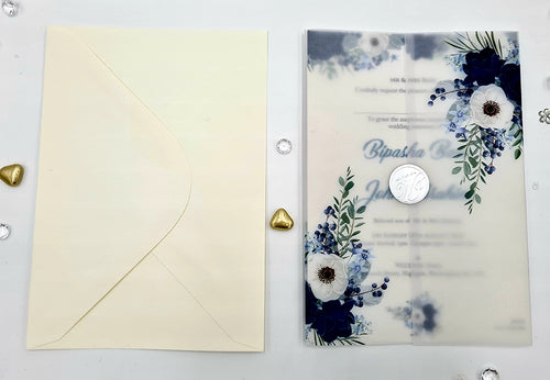 Load image into Gallery viewer, Blue and Grey Flowers Translucent Vellum Invitation ABC 1085
