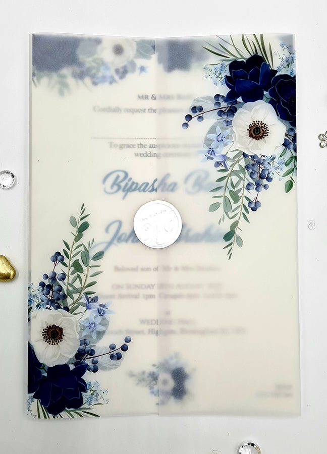 Blue and Grey Flowers Translucent Vellum Invitation ABC 1085