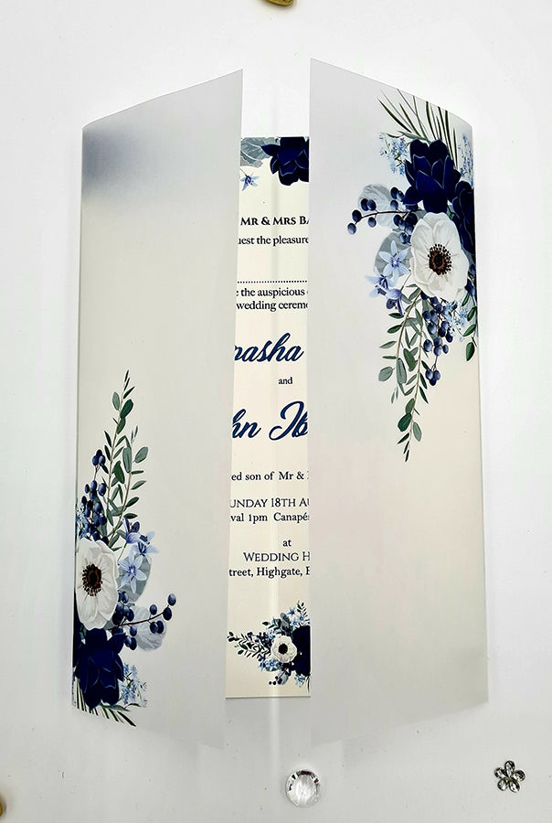 Blue and Grey Flowers Translucent Vellum Invitation ABC 1085