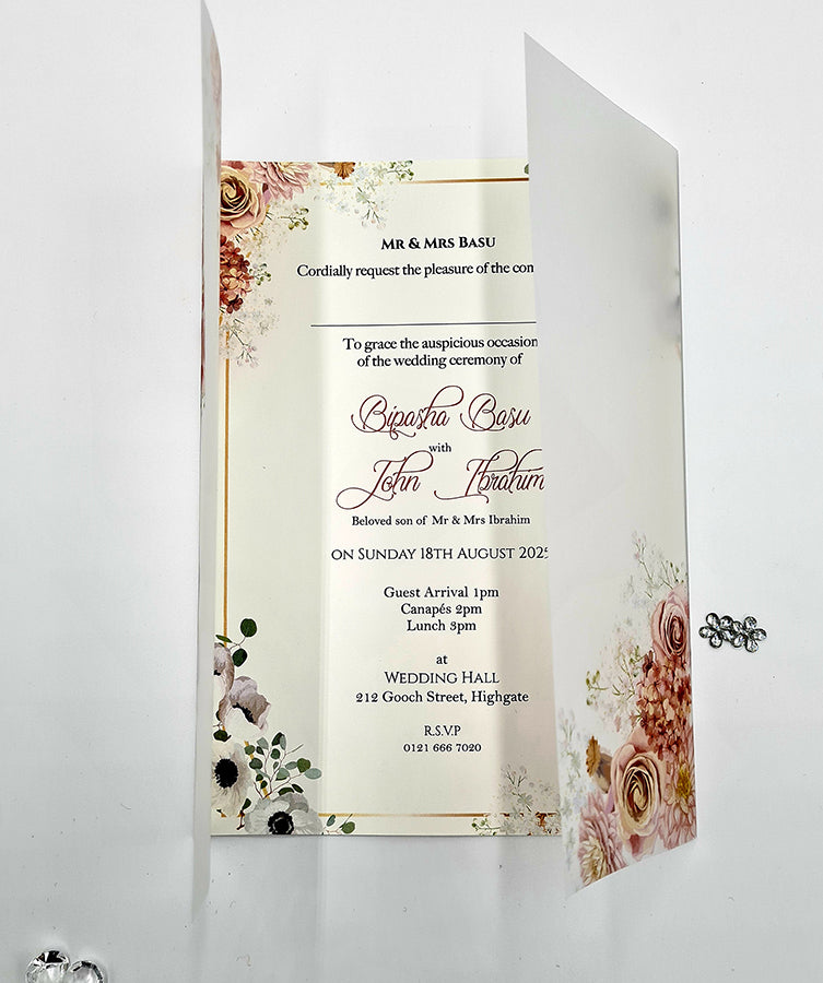 ABC 1092 Peachy Pink & light blue Floral Translucent Vellum A5 Invitation