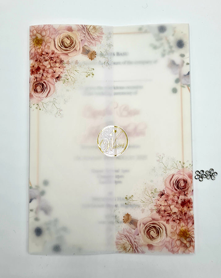 ABC 1092 Peachy Pink & light blue Floral Translucent Vellum A5 Invitation