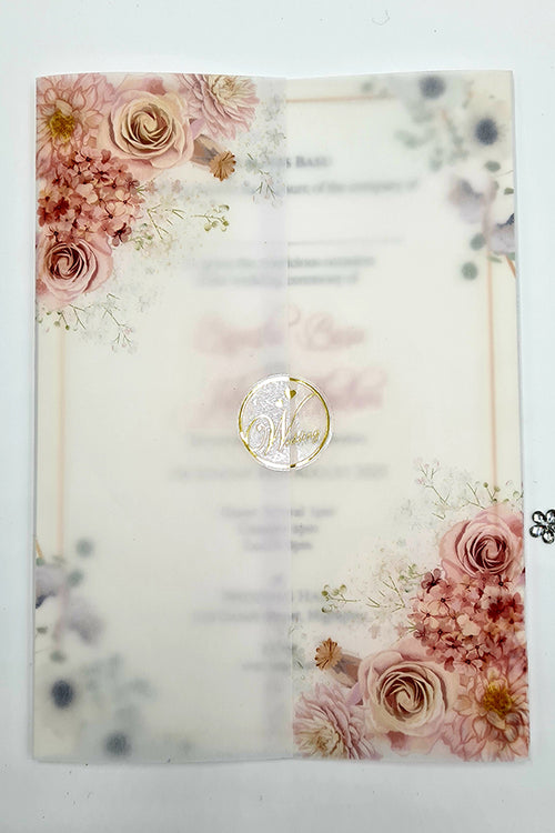 Load image into Gallery viewer, ABC 1092 Peachy Pink &amp; light blue Floral Translucent Vellum A5 Invitation
