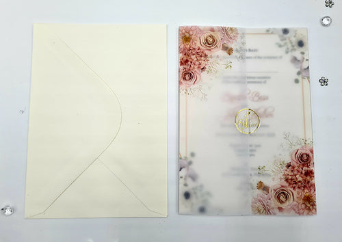 Load image into Gallery viewer, ABC 1092 Peachy Pink &amp; light blue Floral Translucent Vellum A5 Invitation
