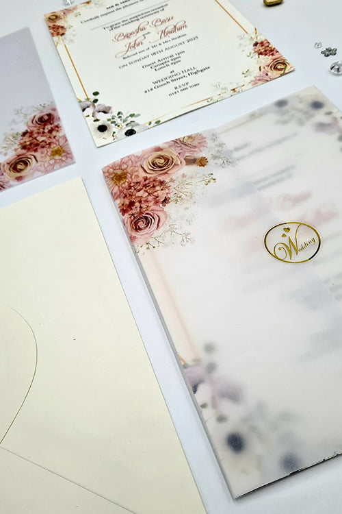 Load image into Gallery viewer, ABC 1092 Peachy Pink &amp; light blue Floral Translucent Vellum A5 Invitation
