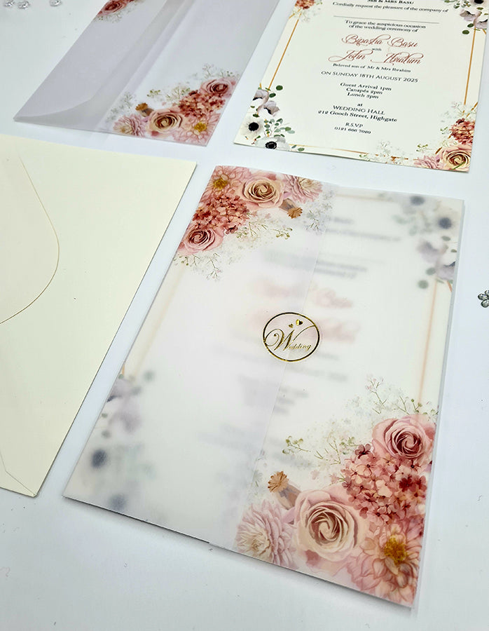 ABC 1092 Peachy Pink & light blue Floral Translucent Vellum A5 Invitation