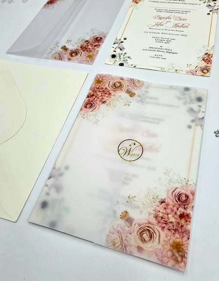 ABC 1092 Peachy Pink & light blue Floral Translucent Vellum A5 Invitation