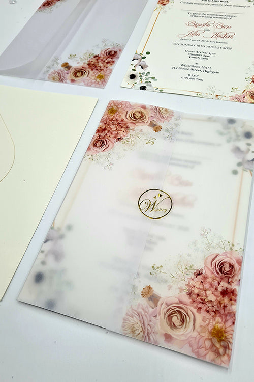 Load image into Gallery viewer, ABC 1092 Peachy Pink &amp; light blue Floral Translucent Vellum A5 Invitation
