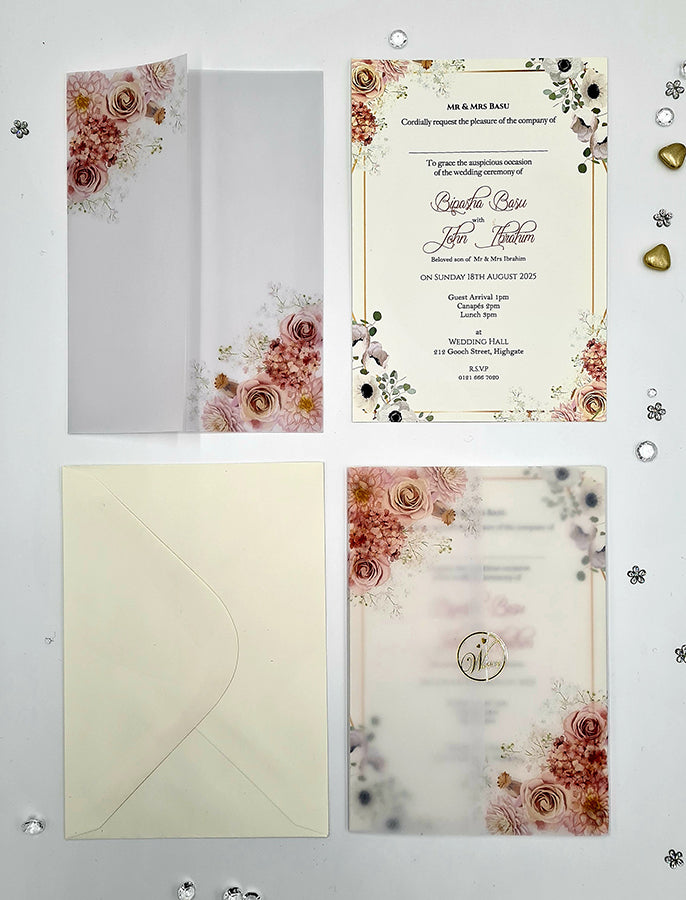 ABC 1092 Peachy Pink & light blue Floral Translucent Vellum A5 Invitation