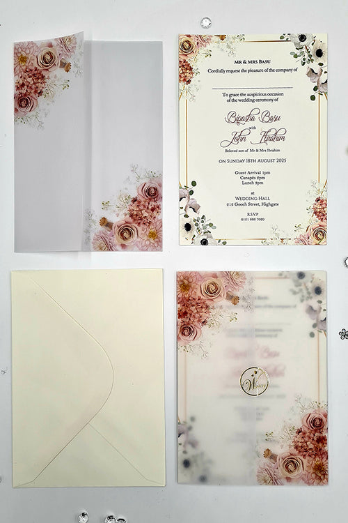 Load image into Gallery viewer, ABC 1092 Peachy Pink &amp; light blue Floral Translucent Vellum A5 Invitation
