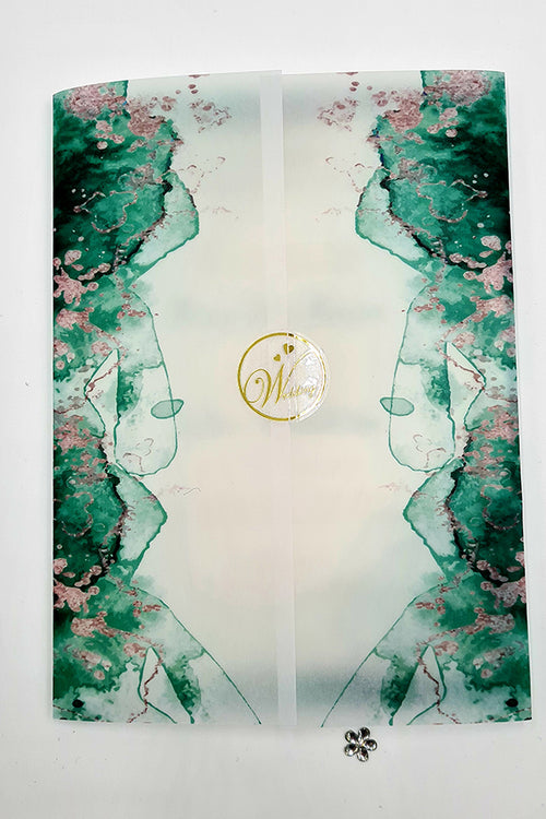 Load image into Gallery viewer, ABC 1094 Teal Green Marble Effect Vellum wrap Invitation
