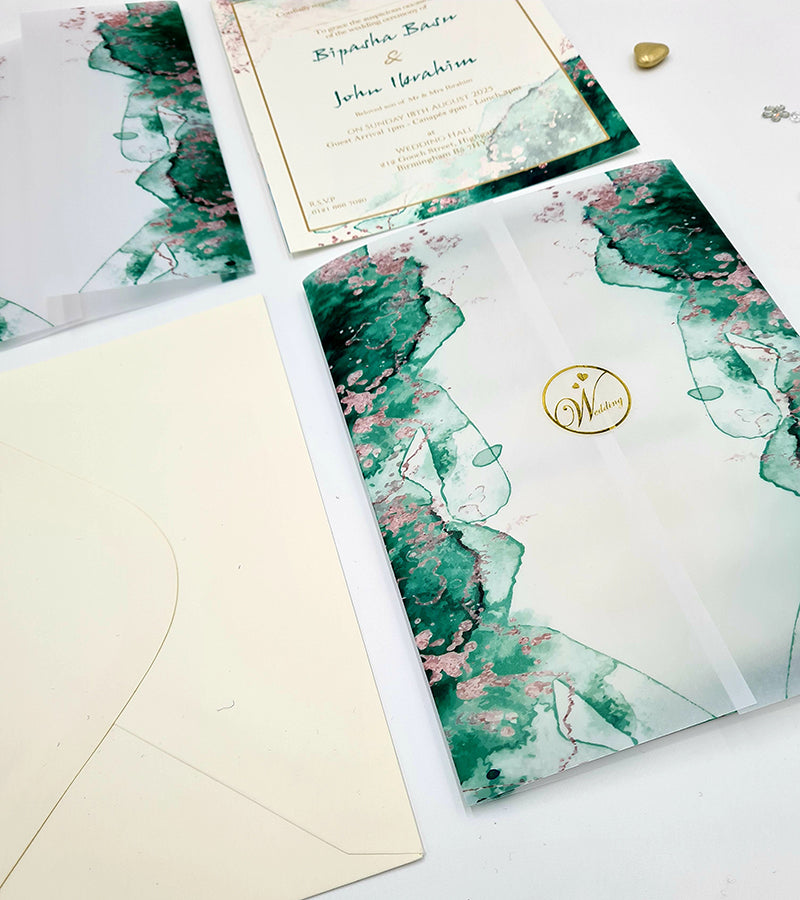 ABC 1094 Teal Green Marble Effect Vellum wrap Invitation