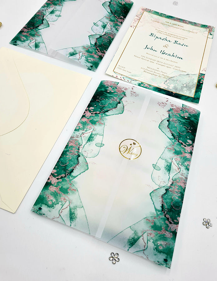 ABC 1094 Teal Green Marble Effect Vellum wrap Invitation