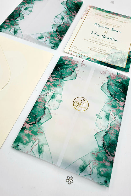 Load image into Gallery viewer, ABC 1094 Teal Green Marble Effect Vellum wrap Invitation
