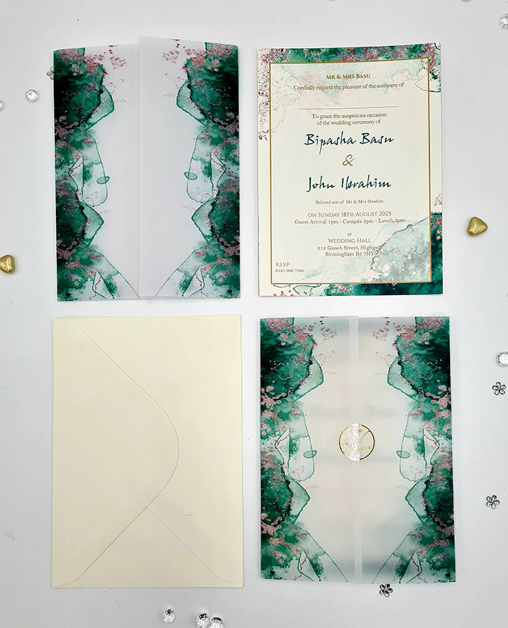 ABC 1094 Teal Green Marble Effect Vellum wrap Invitation