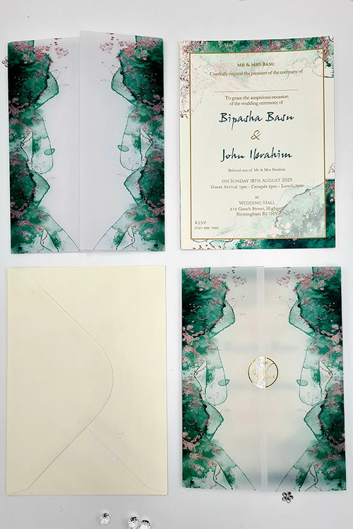 Load image into Gallery viewer, ABC 1094 Teal Green Marble Effect Vellum wrap Invitation
