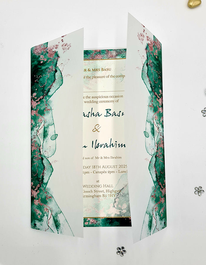 ABC 1094 Teal Green Marble Effect Vellum wrap Invitation