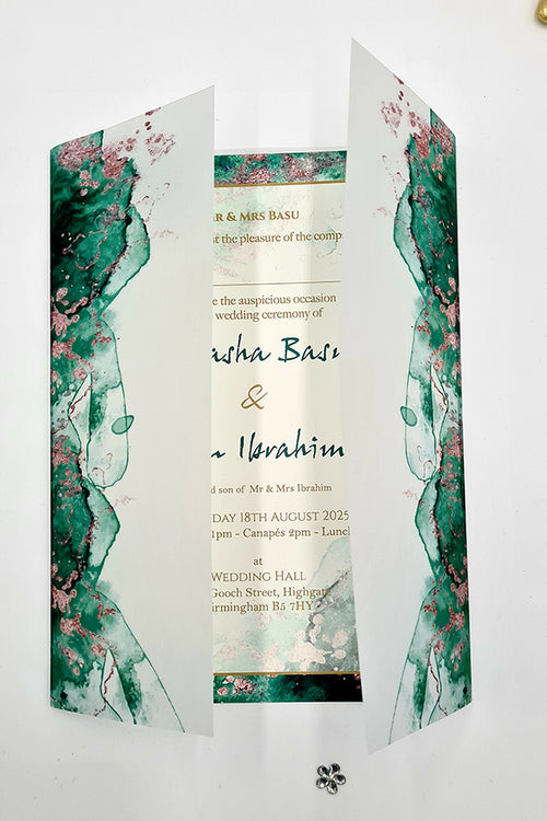 Load image into Gallery viewer, ABC 1094 Teal Green Marble Effect Vellum wrap Invitation
