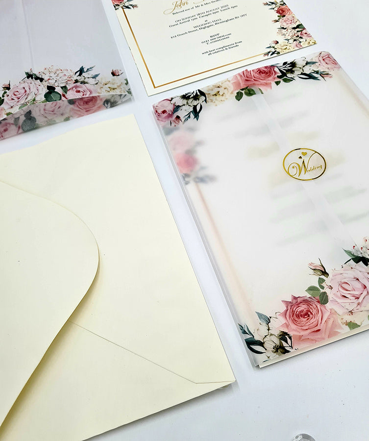 ABC 1096 Peachy Pink Floral Translucent Vellum A5 Invitation