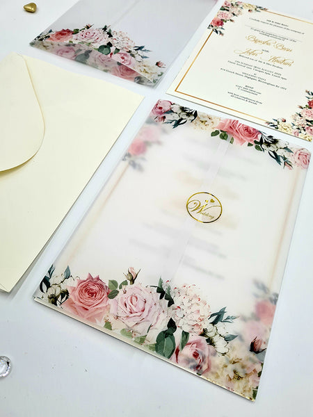 ABC 1096 Peachy Pink Floral Translucent Vellum A5 Invitation