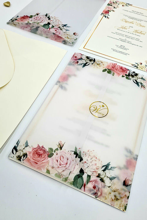 Load image into Gallery viewer, ABC 1096 Peachy Pink Floral Translucent Vellum A5 Invitation
