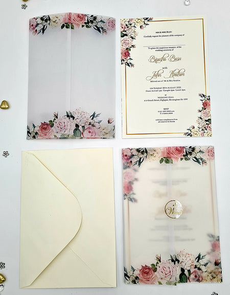 ABC 1096 Peachy Pink Floral Translucent Vellum A5 Invitation