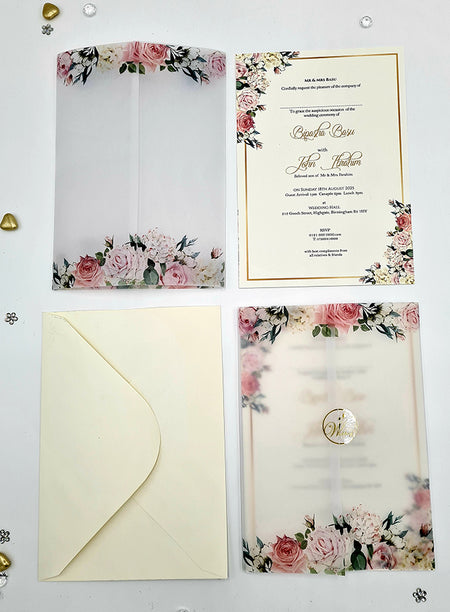 ABC 1096 Peachy Pink Floral Translucent Vellum A5 Invitation