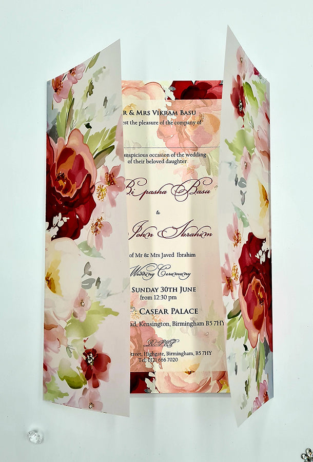 ABC 1097 Bright Pink Floral Translucent Vellum Wrap Overlay A5 Invitation