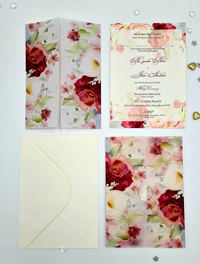 ABC 1097 Bright Pink Floral Translucent Vellum Wrap Overlay A5 Invitation