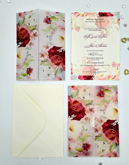 ABC 1097 Bright Pink Floral Translucent Vellum Wrap Overlay A5 Invitation