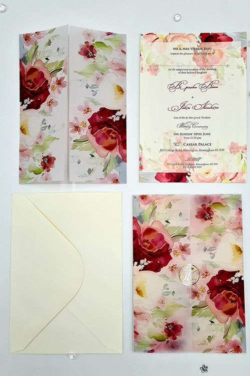 Load image into Gallery viewer, ABC 1097 Bright Pink Floral Translucent Vellum Wrap Overlay A5 Invitation
