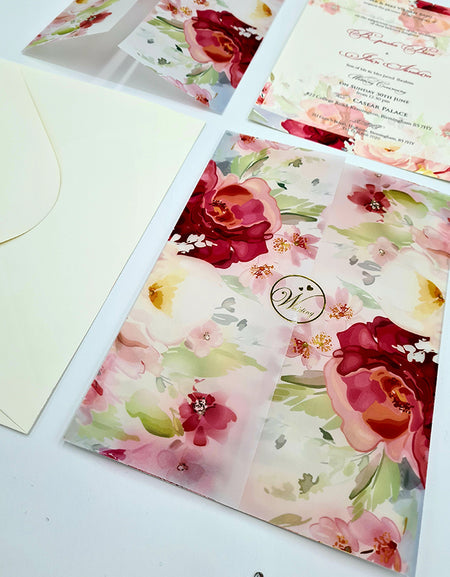 ABC 1097 Bright Pink Floral Translucent Vellum Wrap Overlay A5 Invitation