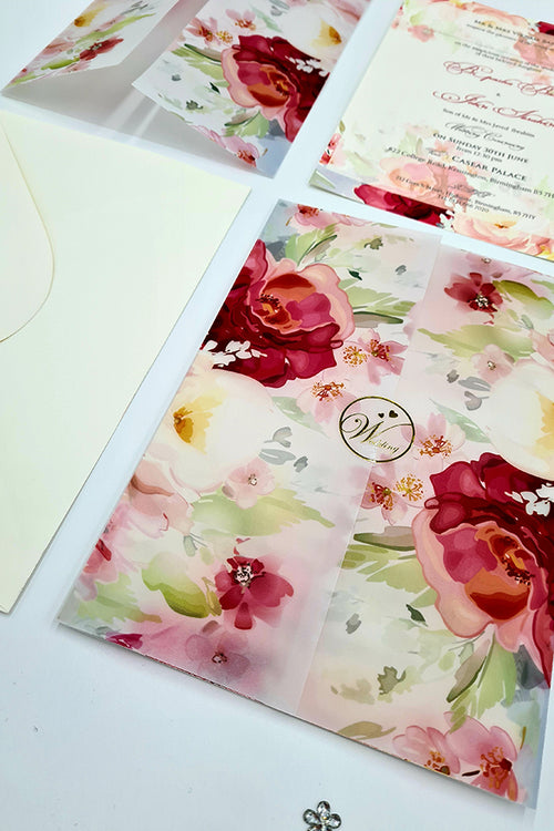 Load image into Gallery viewer, ABC 1097 Bright Pink Floral Translucent Vellum Wrap Overlay A5 Invitation
