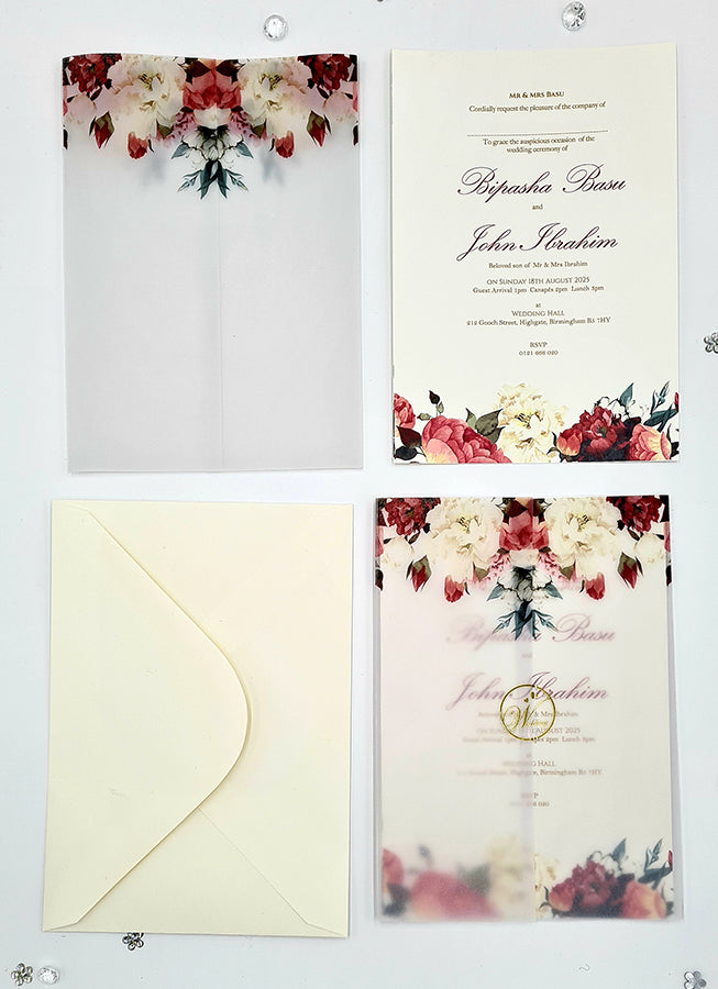 ABC 1099 Blush Pink & maroon Floral Translucent Vellum Wrap Overlay A5 Invitation