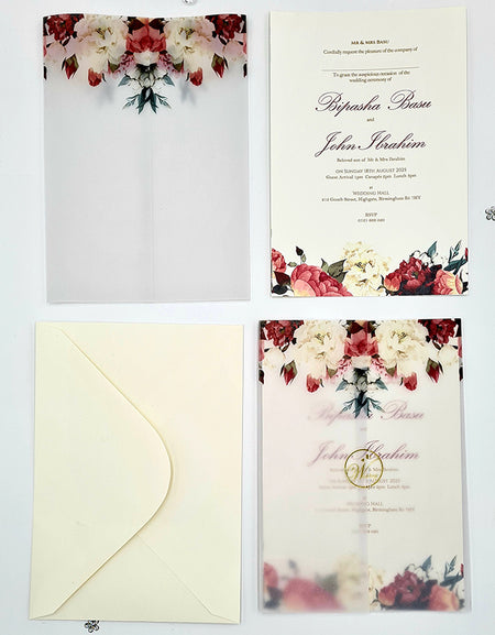 ABC 1099 Blush Pink & maroon Floral Translucent Vellum Wrap Overlay A5 Invitation