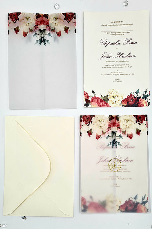 Load image into Gallery viewer, ABC 1099 Blush Pink &amp; maroon Floral Translucent Vellum Wrap Overlay A5 Invitation
