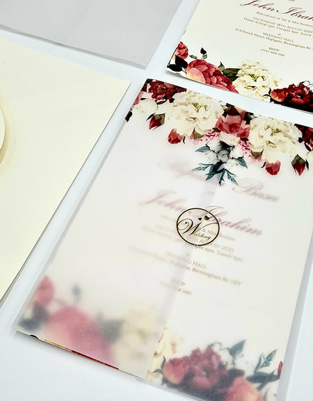 ABC 1099 Blush Pink & maroon Floral Translucent Vellum Wrap Overlay A5 Invitation