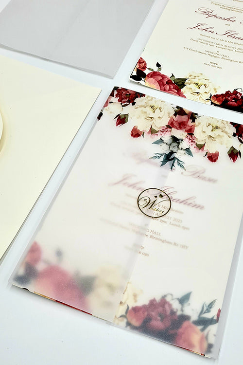 Load image into Gallery viewer, ABC 1099 Blush Pink &amp; maroon Floral Translucent Vellum Wrap Overlay A5 Invitation
